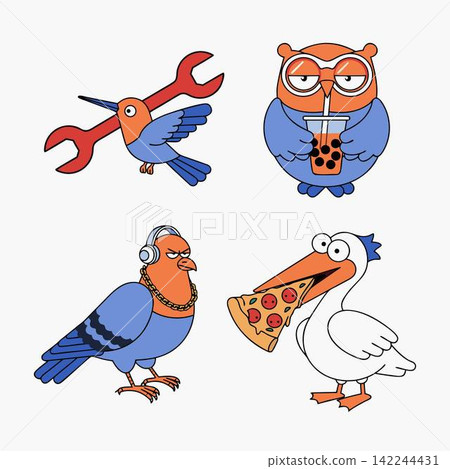 This set of vector cartoon bird stickers features a hummingbird, an owl, a pigeon, and a pelican eating a slice of pizza This set of vector cartoon bird stickers features a hummingbird, an owl, a pigeon, and a pelican eating a slice of pizza 142244431