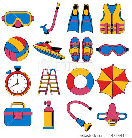 The image displays a collection of hand-drawn, cartoon-style vector icons depicting swimming, diving, and beach gear The image displays a collection of hand-drawn, cartoon-style vector icons depicting swimming, diving, and beach gear 142244491