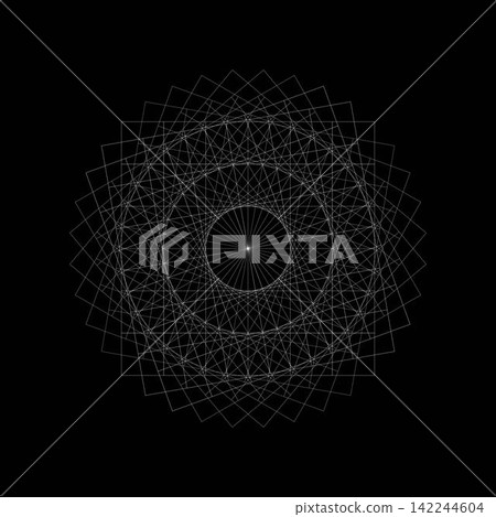 Abstract Geometric Sacred Geometry Mandala with White Line Art Squares and Circles on Black Background 142244604