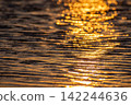The glint of calm water at sunset 142244636