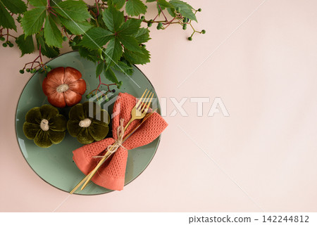 Elegant Thanksgiving table setting with decorative pumpkins, golden cutlery, and autumnal foliage on a pastel background Elegant Thanksgiving table setting with decorative pumpkins, golden cutlery, and autumnal foliage on a pastel background 142244812