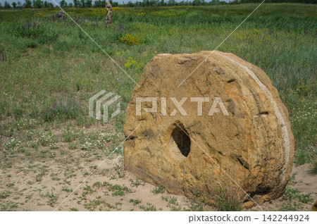 An ancient millstone with a hole in the center against the background of a green field and grass. 142244924