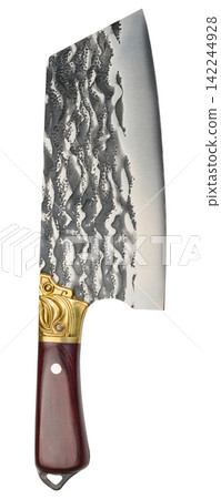 Kitchen cleaver knife made of forged steel with a wooden handle and a brass bolster Kitchen cleaver knife made of forged steel with a wooden handle and a brass bolster 142244928