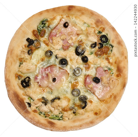 Round pizza with bacon, chicken, olives and cheese Round pizza with bacon, chicken, olives and cheese 142244930