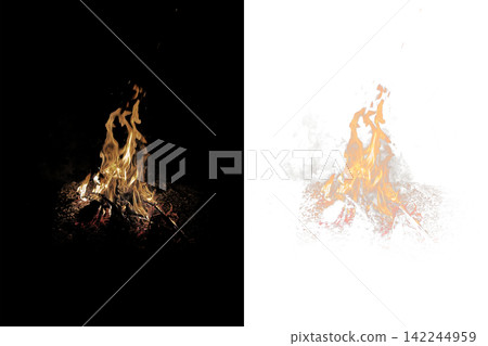 Vibrant realistic fire flame with glowing sparks burning against transparent alpha grid background, concept of dangerous heat energy and graphic design overlay Vibrant realistic fire flame with glowing sparks burning against transparent alpha grid background, concept of dangerous heat energy and graphic design overlay 142244959