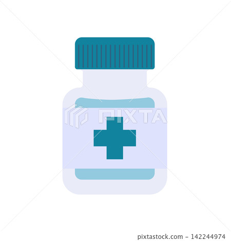Medical bottle icon with blue liquid and cross symbol on label isolated on white background. Pharmacy illustration Medical bottle icon with blue liquid and cross symbol on label isolated on white background. Pharmacy illustration 142244974