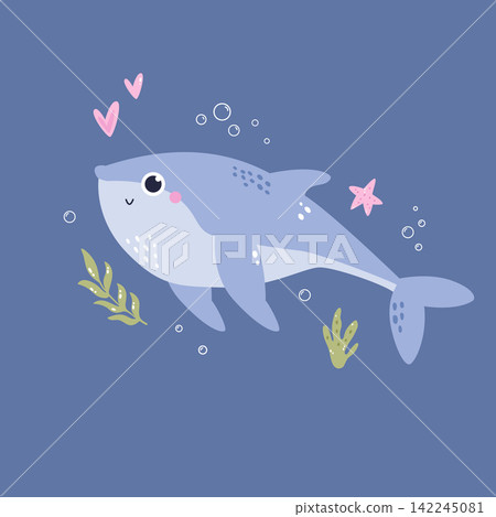 Cute cartoon whale swimming underwater, minimalist flat design illustration 142245081