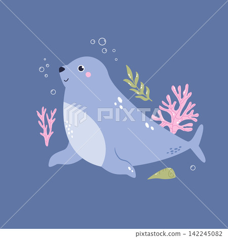 Funny seal character swimming underwater in the blue ocean Funny seal character swimming underwater in the blue ocean 142245082