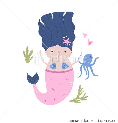 Cute cartoon mermaid with her friend octopus Cute cartoon mermaid with her friend octopus 142245083