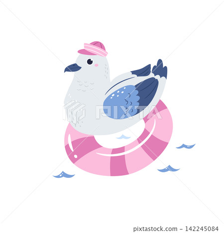 Cute cartoon seagull floating in swim ring, minimalist flat design illustration Cute cartoon seagull floating in swim ring, minimalist flat design illustration 142245084