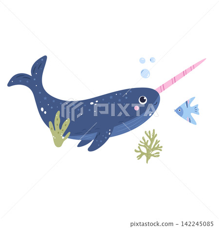 Cute cartoon narwhale and fish swimming underwater, minimalist flat design illustration Cute cartoon narwhale and fish swimming underwater, minimalist flat design illustration 142245085