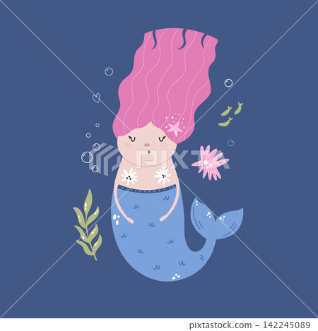 Cute cartoon mermaid with pink hair swimming in the blue ocean Cute cartoon mermaid with pink hair swimming in the blue ocean 142245089