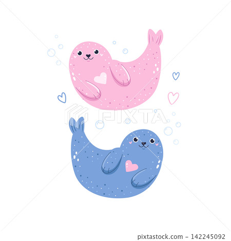 Funny baby seal characters swimming isolated on white background Funny baby seal characters swimming isolated on white background 142245092