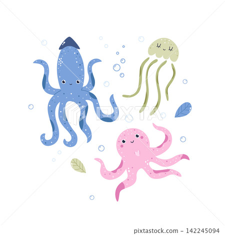 Cute cartoon octopus, squid and jellyfish isolated on white background Cute cartoon octopus, squid and jellyfish isolated on white background 142245094