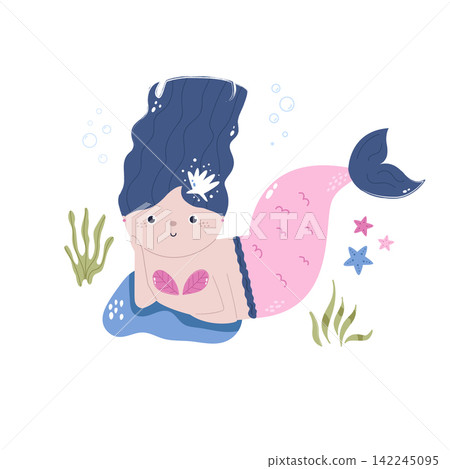 Cute cartoon mermaid resting on the stone in a sea Cute cartoon mermaid resting on the stone in a sea 142245095