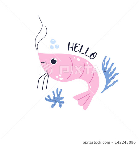 Cute pink cartoon shrimp, prawn, flat design illustration Cute pink cartoon shrimp, prawn, flat design illustration 142245096