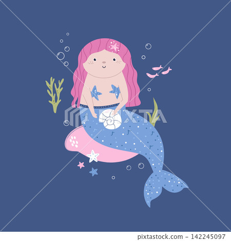 Cute cartoon mermaid sitting on the stone in the blue ocean Cute cartoon mermaid sitting on the stone in the blue ocean 142245097