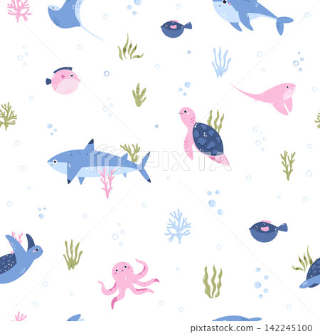 Cute cartoon shark and sea turtle seamless background with octopus and fish 142245100