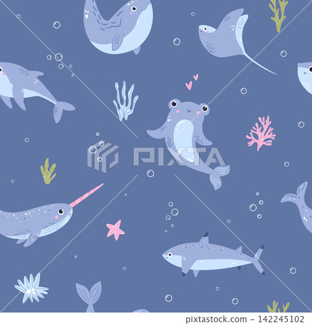 Cute seamless pattern with hammerhead shark, shark, whale and narwhal Cute seamless pattern with hammerhead shark, shark, whale and narwhal 142245102
