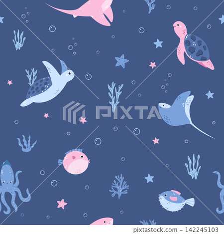 Cute cartoon sea turtle seamless background with squid, manta ray and fish 142245103