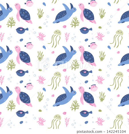 Cute cartoon turtle seamless background with jellyfish and pufferfish Cute cartoon turtle seamless background with jellyfish and pufferfish 142245104