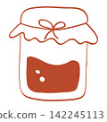 Whimsical monochrome vector illustration of a homemade jam jar with a fabric lid and bow, drawn by hand with lively uneven outlines and isolated on a transparent background. 142245113