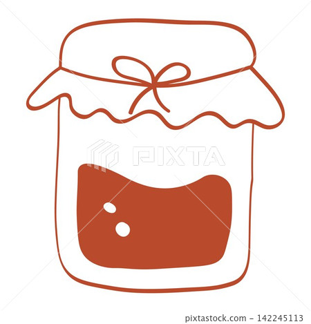 Whimsical monochrome vector illustration of a homemade jam jar with a fabric lid and bow, drawn by hand with lively uneven outlines and isolated on a transparent background. 142245113