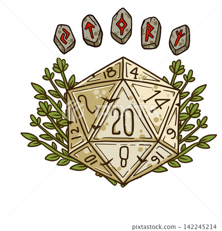 D20 dice with green leaves and floating stone runes. Fantasy rpg tabletop game magic ancient symbol element. D20 dice set D20 dice with green leaves and floating stone runes. Fantasy rpg tabletop game magic ancient symbol element. D20 dice set 142245214