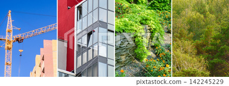 Urban construction vs natural green landscape collage, city building and forest banner Urban construction vs natural green landscape collage, city building and forest banner 142245229