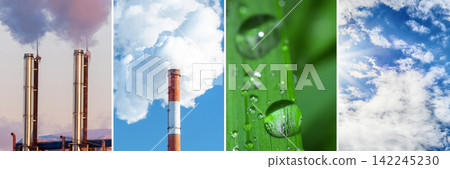 Industrial pollution vs clean nature collage, factory smoke and fresh dew drop banner Industrial pollution vs clean nature collage, factory smoke and fresh dew drop banner 142245230