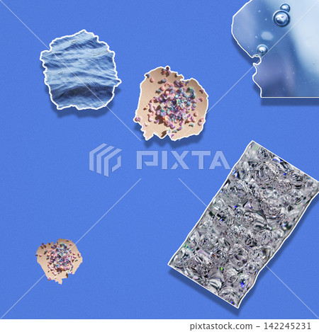 Microplastics cutout shapes on blue background, plastic pollution concept square collage Microplastics cutout shapes on blue background, plastic pollution concept square collage 142245231