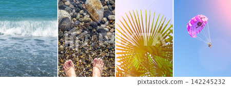 Summer vacation banner collage, sea waves, beach pebbles, palm leaf and parasailing 142245232
