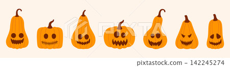 Flat Halloween carved pumpkin character icon element set Flat Halloween carved pumpkin character icon element set 142245274