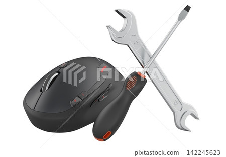 Computer mouse with repair tools for maintenance and technical support. 3D rendering Computer mouse with repair tools for maintenance and technical support. 3D rendering 142245623