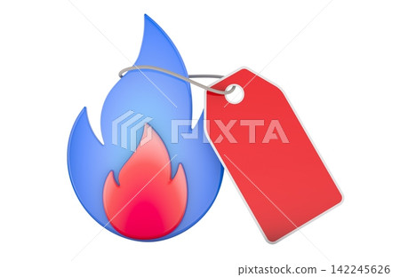 Gas price tag with flame for natural gas and energy costs. 3D rendering Gas price tag with flame for natural gas and energy costs. 3D rendering 142245626