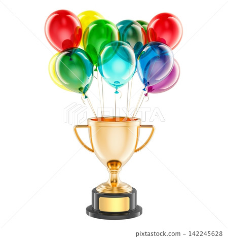 Gold trophy cup with colorful balloons for celebration and success. 3d rendering Gold trophy cup with colorful balloons for celebration and success. 3d rendering 142245628