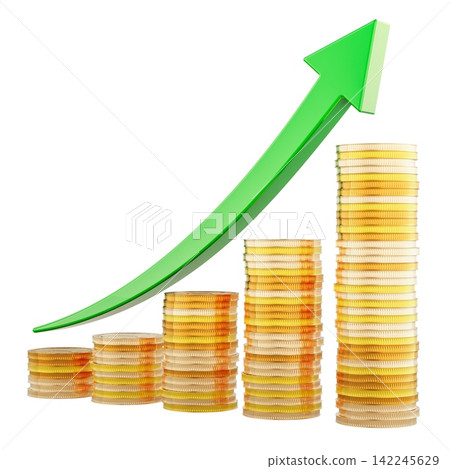 Growing stacks of gold coins with upward arrow for financial growth. 3D rendering Growing stacks of gold coins with upward arrow for financial growth. 3D rendering 142245629