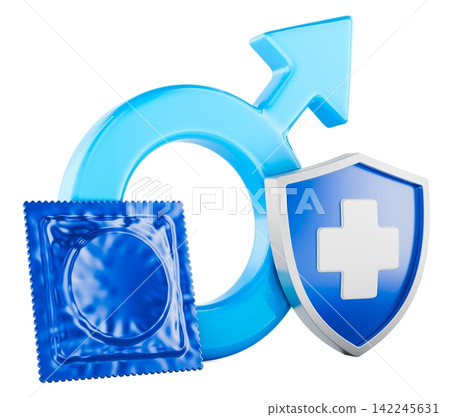 Male sexual health protection with condom, shield and male symbol. 3d rendering Male sexual health protection with condom, shield and male symbol. 3d rendering 142245631