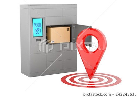 Parcel locker with location pin for package pickup and delivery. 3d rendering 142245633