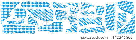 Torn paper pieces set with Oktoberfest Bavarian blue white pattern. Trendy elements for beer festival collage. Modern retro grain textured vector illustration isolated on transparent background as png Torn paper pieces set with Oktoberfest Bavarian blue white pattern. Trendy elements for beer festival collage. Modern retro grain textured vector illustration isolated on transparent background as png 142245805