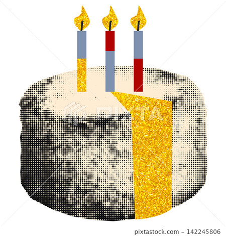 Birthday cake collage element with three candles and gold glitter slice. Halftone sticker with doodles cut out of paper. Vector illustration isolated on transparent background as png 142245806