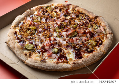 Rustic Barbecue Bacon Pizza in Open Takeaway Box 142245807