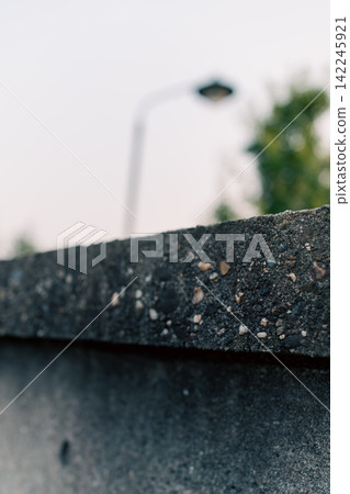 The texture of weathered concrete walls against a backdrop of green vegetation. The texture of weathered concrete walls against a backdrop of green vegetation. 142245921