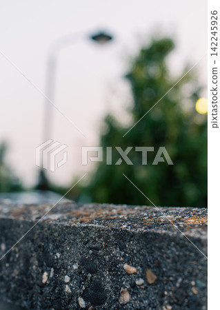 The texture of weathered concrete walls against a backdrop of green vegetation. The texture of weathered concrete walls against a backdrop of green vegetation. 142245926