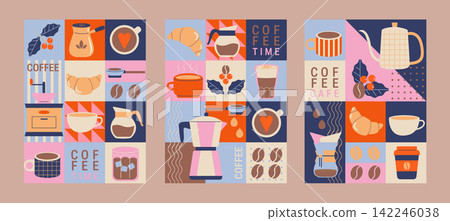 Bright coffee geometric flyers,coffee themed icons. Beans, croissant, coffee to go,different types of hot drink-americano, latte, moka and ice coffee. Design for web,cover,web,print, poster. Vector Bright coffee geometric flyers,coffee themed icons. Beans, croissant, coffee to go,different types of hot drink-americano, latte, moka and ice coffee. Design for web,cover,web,print, poster. Vector 142246038