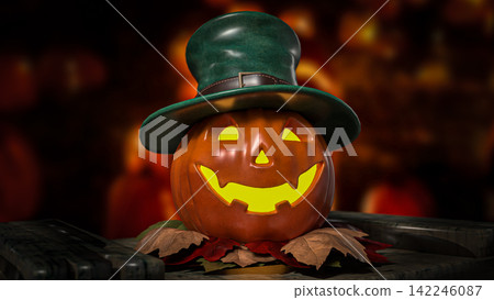 Glowing Halloween Pumpkin Wearing a Green Top Hat 3d render. 142246087