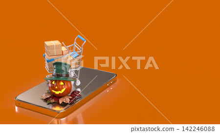 Halloween Online Shopping and Seasonal Delivery 3d render. Halloween Online Shopping and Seasonal Delivery 3d render. 142246088