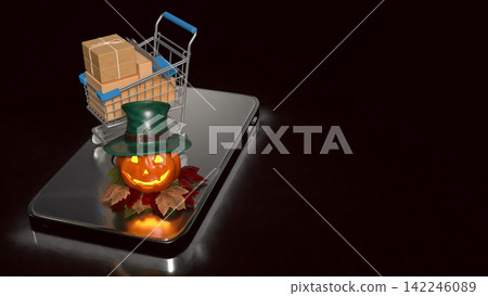 Spooky Halloween Mobile Shopping and Package Delivery 3d render. 142246089