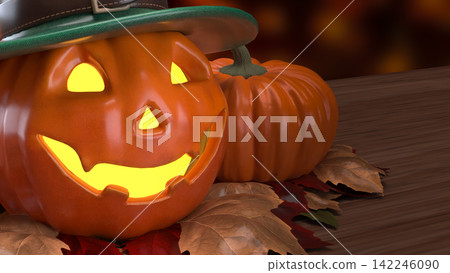 Glowing Halloween Jack O Lantern in Green Top Hat 3d render. Glowing Halloween Jack O Lantern in Green Top Hat 3d render. 142246090