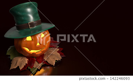 Cheerful Glowing Jack O Lantern in Green Top Hat 3d render. Cheerful Glowing Jack O Lantern in Green Top Hat 3d render. 142246093